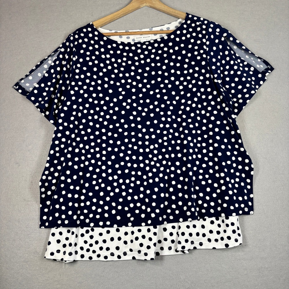 Susan Graver Polka Dot Layered Top Plus Size 1X Navy White Short Sleeve‎ Stretch